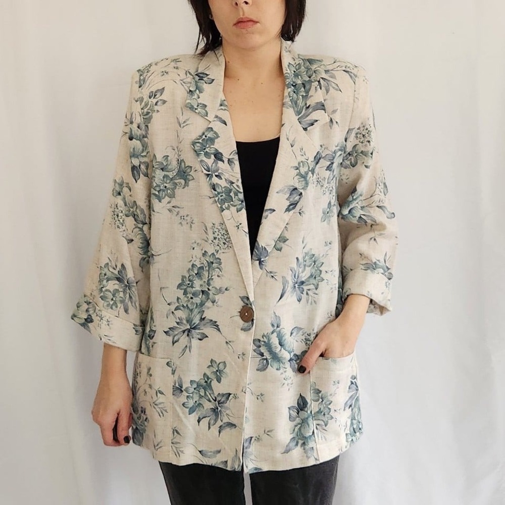 90s Tan‎ and Blue Floral Linen Blend Blazer